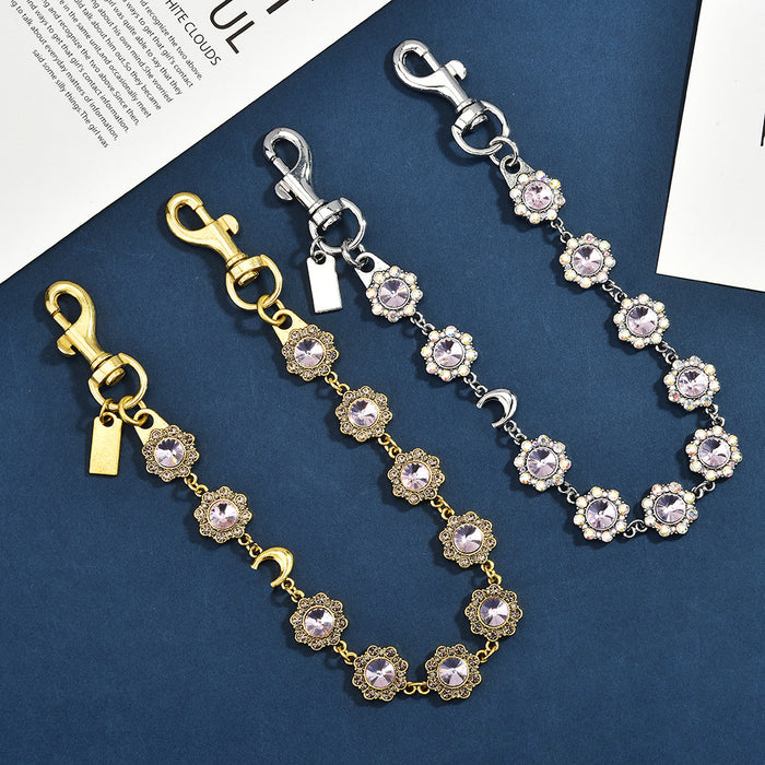 Wholesale Gold Plated Metal Flower Chain Bag Charm Retro Rhinestone Pendant For Handbags Trendy Gift