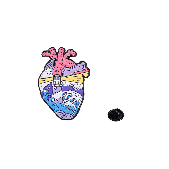 Wholesale Oil Painting Heart Brooch Lighthouse Ocean Viscera Badge Metal Oil Drop Clothing Accessories