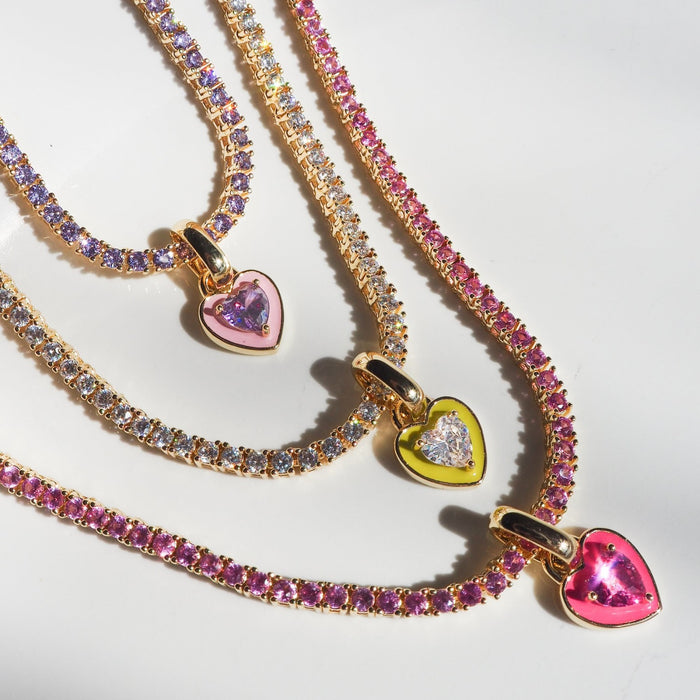 Wholesale Titanium steel tennis chain with colored zircon heart pendant necklace
