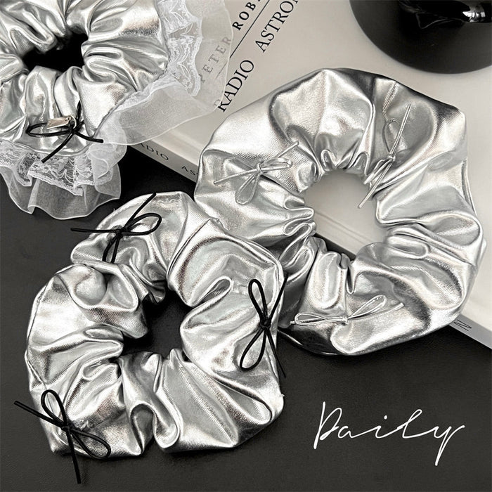 Wholesale silver Leather Bow Large Intestine Hair Rings Niche Hair Rope Hair Accessories