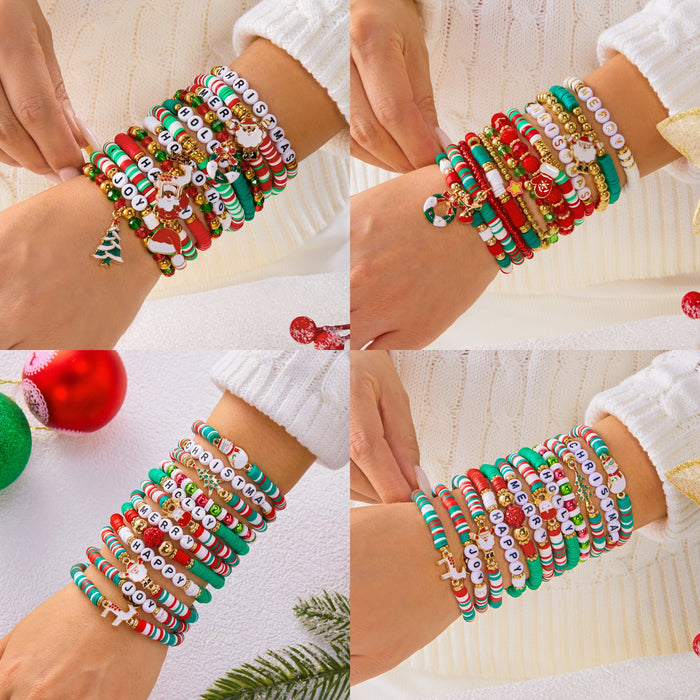 Wholesale Multi-layer stacking Christmas bracelet set personalized colorful polymer clay crystal elastic rope holiday bracelet