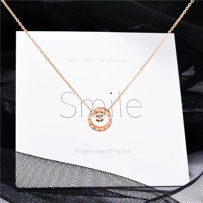 Wholesale 2pcs Titanium Steel Double Ring Diamond Pendant Necklace JDC-NE-XinLong011