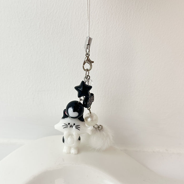 Wholesale Cartoon Loved Cat Keychain Love Hair Ball Beaded Mobile Phone Chain Backpack Hanging