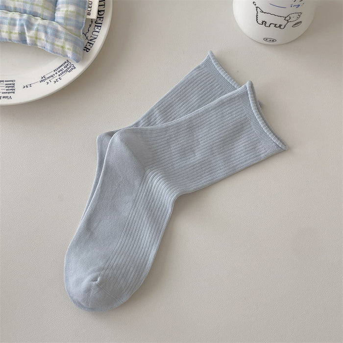 Wholesale Boneless solid color rolled edge vertical strip thin breathable cotton elastic mouth middle tube stacking socks