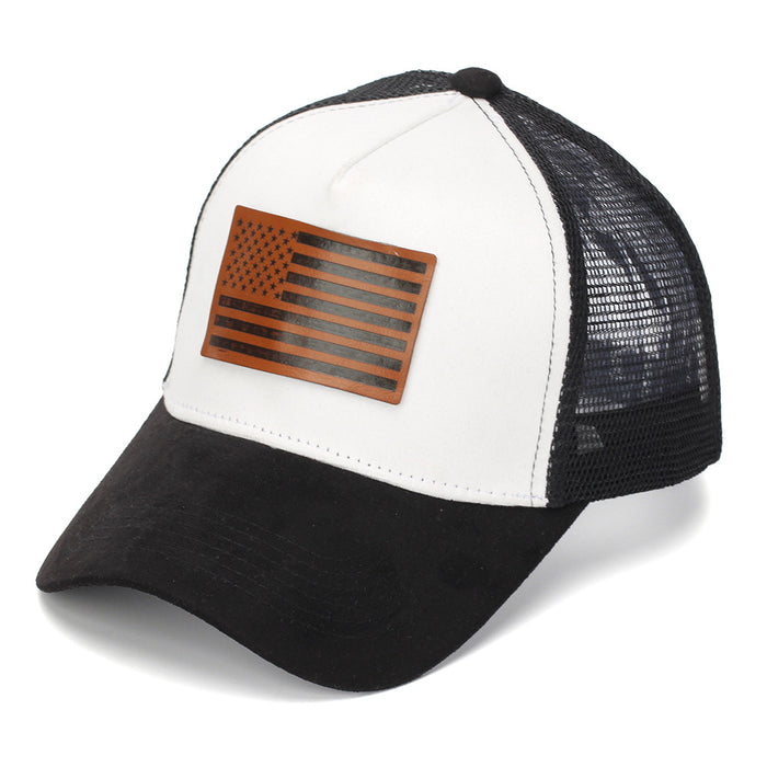 Wholesale Stylish American Flag Leather Patch Trucker Cap Suede Mesh Baseball Cap Summer Casual