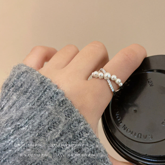 Wholesale Light luxury pearl cross design ring, fashionable and versatile index finger ring, high-end feel, adjustable opening ring