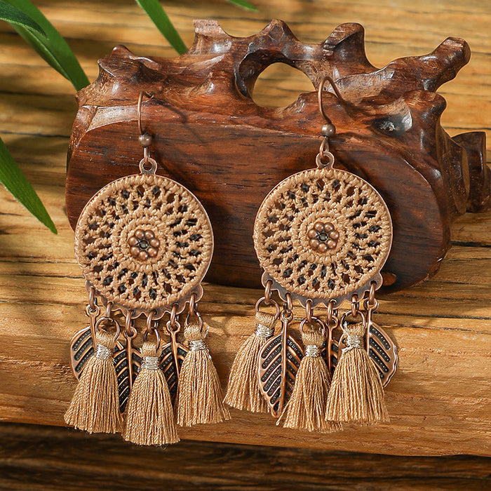 Wholesale Bohemian Dreamcatcher Tassel Earrings and Wooden Pendant Necklace Set