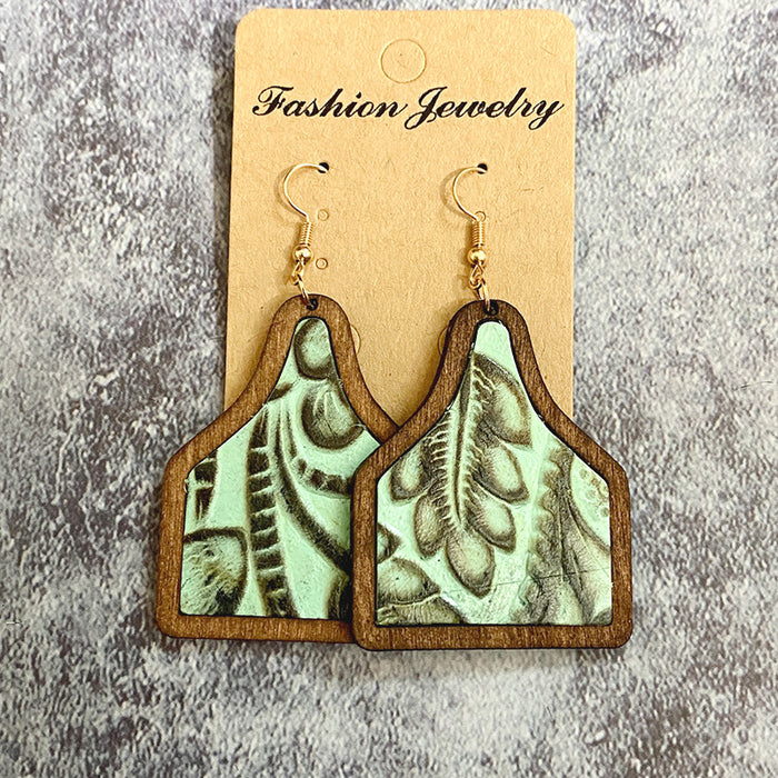 Wholesale Genuine leather earrings cowhide embossed cow brand cactus inlaid Western retro wood earrings