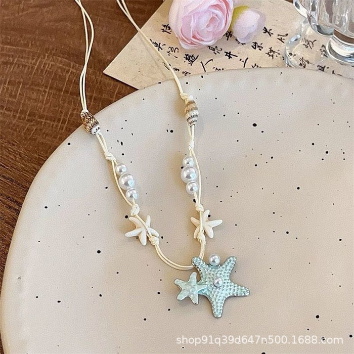 Wholesale Seaside Cute Pearl Shell Starfish Beaded Necklace Blue Plated Alloy Collarbone Chain