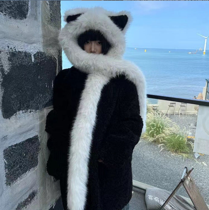 Wholesale Thickened anti cold plush fox ear hat, women's winter scarf in one new style for warmth