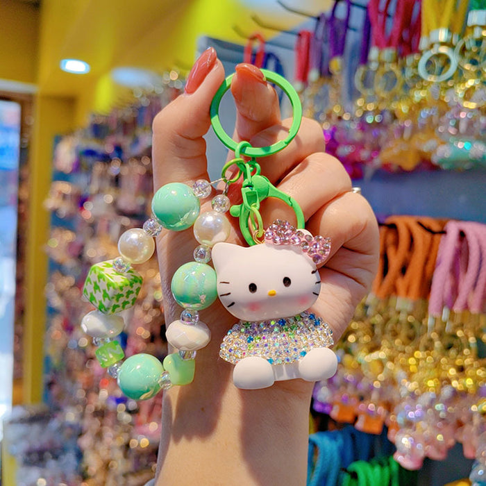 Wholesale Czech Rhinestone Cartoon Cat Keychain Cute Ladies Beaded Bag Charm Phone Pendant Car Key Accessory