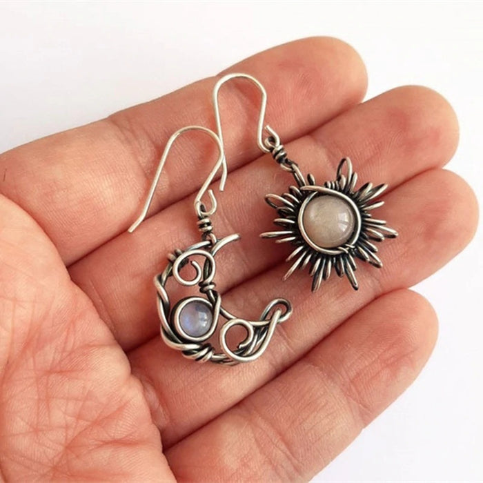 Wholesale Retro Sun Moon Earrings Moonstone Asymmetric Sun Moon Earrings