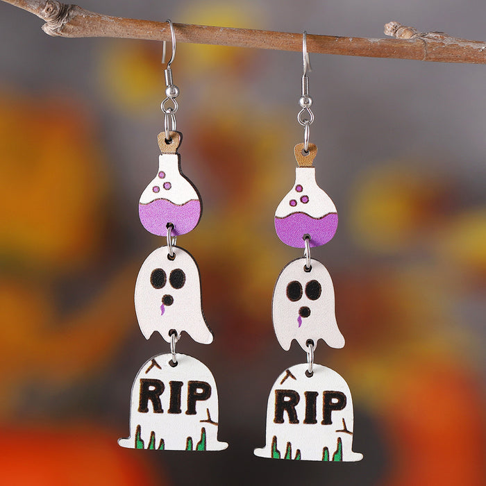 Wholesale  Gothic style cute ghost tassel triple ing earrings wooden double-sided earrings