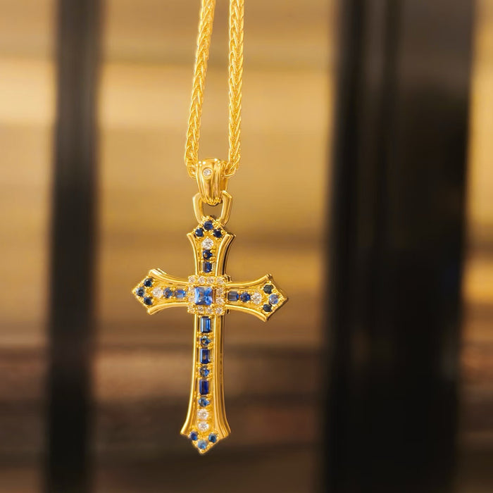 Wholesale 24K Gold Plated Brass Sapphire Blue Cross Pendant Sweater Chain Necklace Trendy Fashion Accessory
