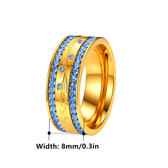 Wholesale Retro Carved Wide Band Ring Gold Stainless Steel Blue Tone Fashion Accessory