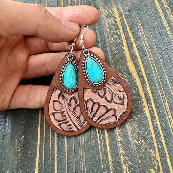 Wholesale Western genuine leather earrings classic horse hair leopard embossed cowhide water drop vintage earrings