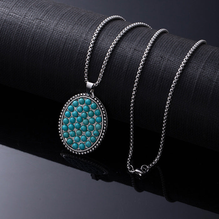 Wholesale Retro Western style natural turquoise necklace,  retro versatile titanium steel chain,  ethnic accessories