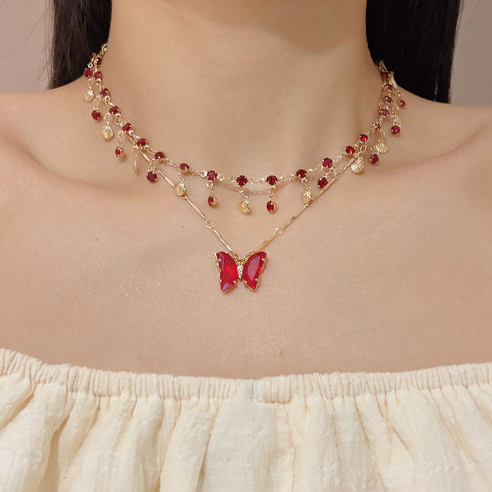 Wholesale Fashionable crystal tassel double-layer necklace, niche design, versatile butterfly pendant, collarbone chain