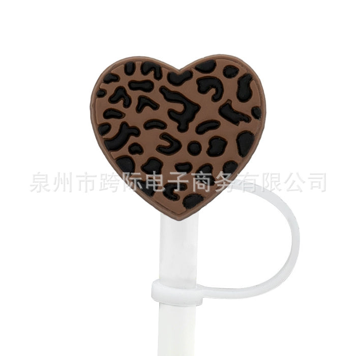 Wholesale New Love Leopard Pattern Straw Cover Straw Cap Silicone Dustproof Stopper Cute Anime Party Straw Decoration Cross border Product