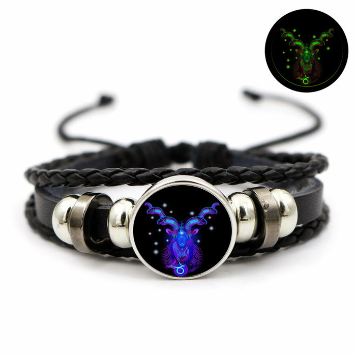 Wholesale Twelve Zodiac Luminous Retro Leather Bracelet Simple Glowing Wristband