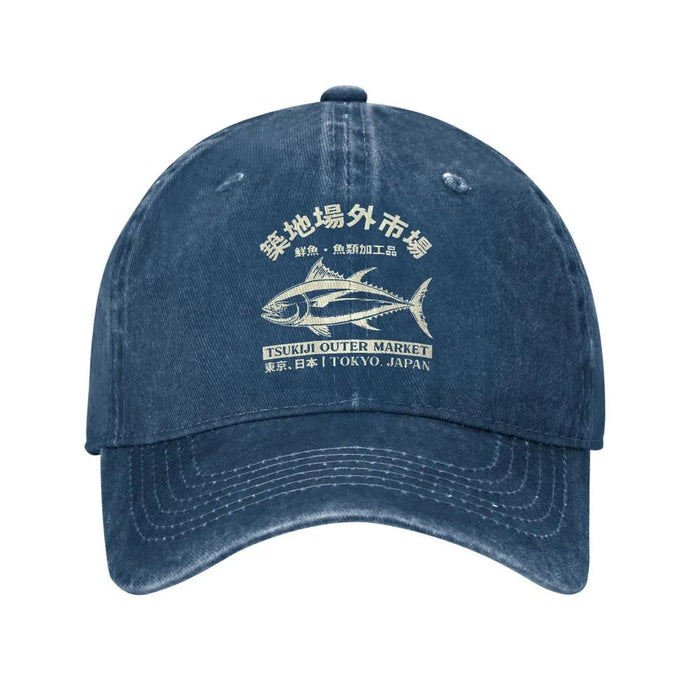 Wholesale Retro Japanese Tuna Print Washed Baseball Cap Adjustable Summer Sun Hat For Resale