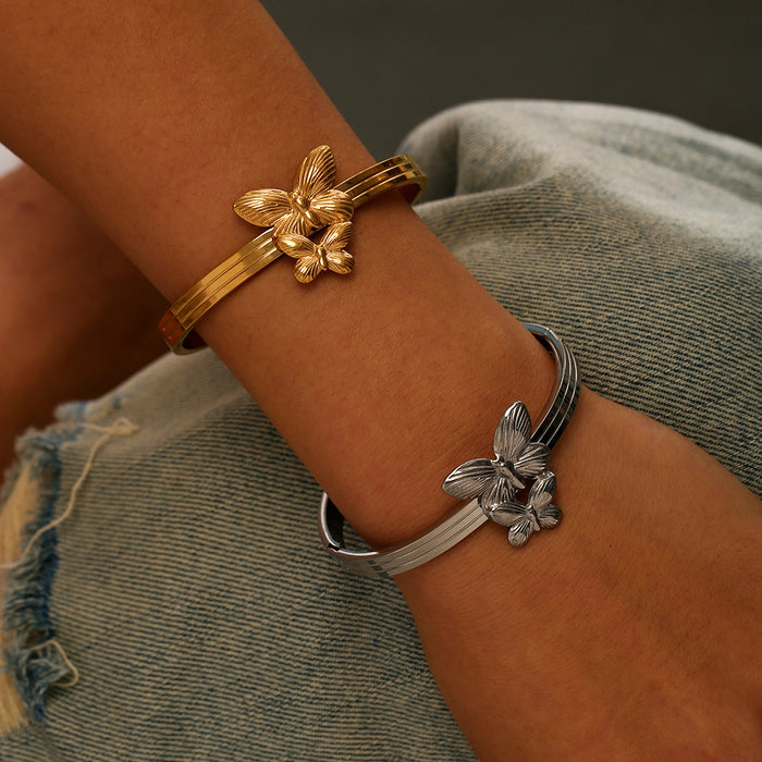 Wholesale Cross border popular personalized double-layer butterfly stainless steel bracelet, high-end butterfly bracelet, color preservation wholesale