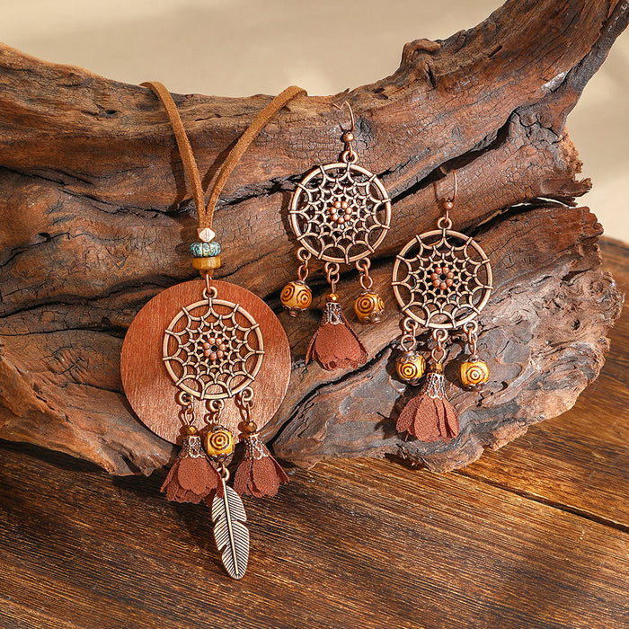 Wholesale Retro Boho Dreamcatcher Hollow Earrings and Necklace Set Fashion Jewelry MOQ≥2