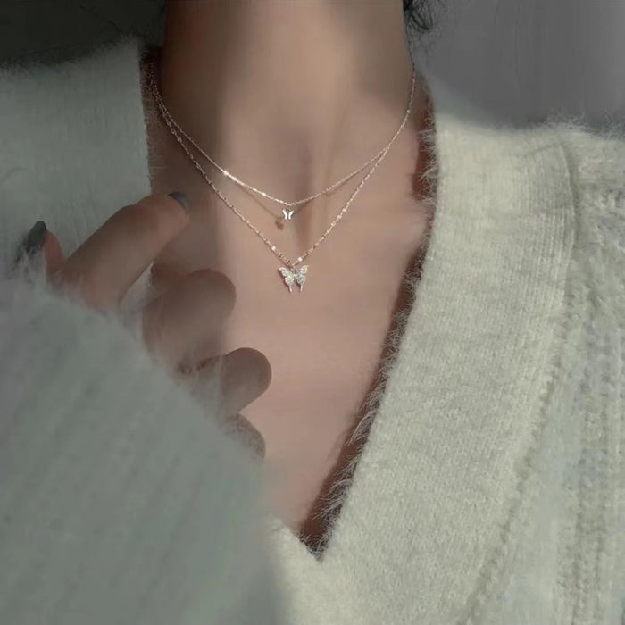 Wholesale Titanium steel necklace, double-layer butterfly pendant, light luxury, niche design, collarbone chain, versatile accessory