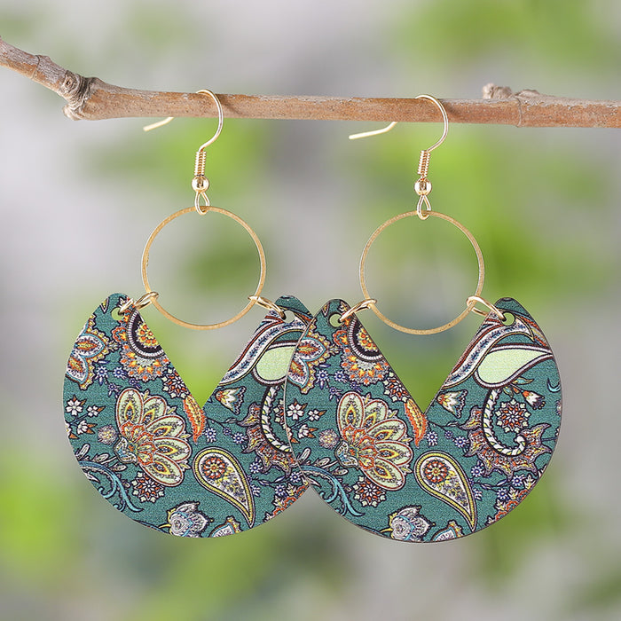 Wholesale Blue dyed printed earrings Bohemian earrings double-sided wooden geometric stripes splicing female earrings