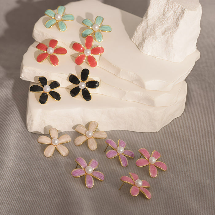 Wholesale Vintage Floral 2. 6cm Pearl Earrings Oil-Drip Earrings for Women
