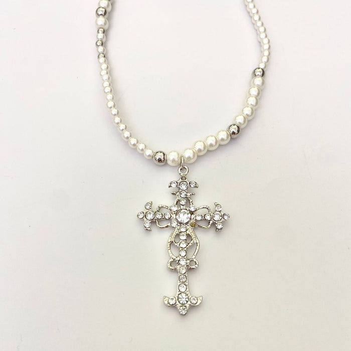 Wholesale Stacked Cross Pearl Long Necklace Niche Clavicle Chain