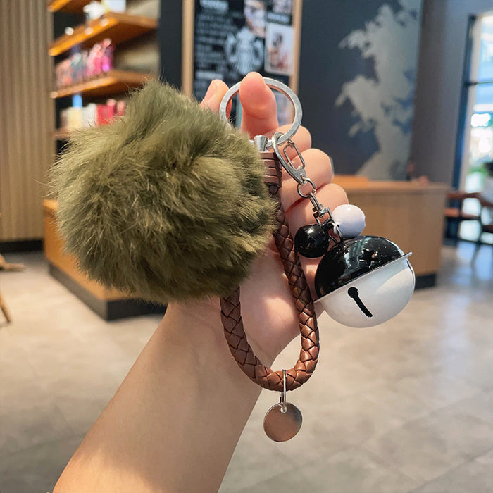 Wholesale Fur Ball Two-color Bell Leather Rope Keychain JDC-KC-YuanD003