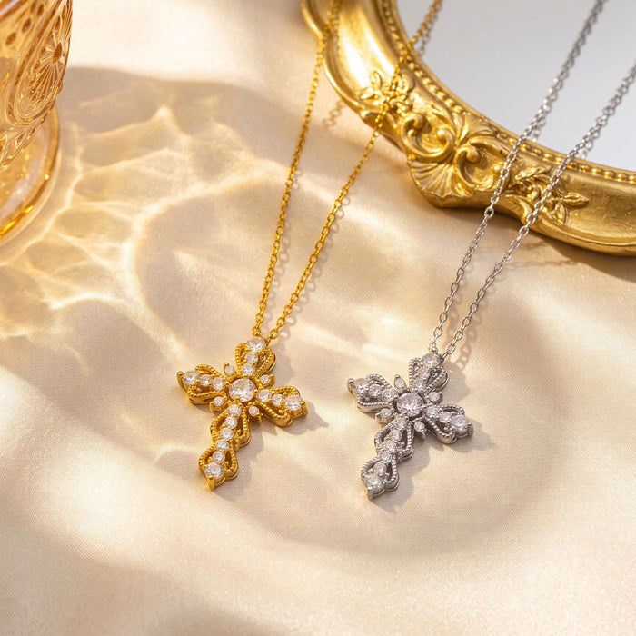Wholesale Fashion Full Zircon Cross Necklace Titanium Steel Gold Plated Jewelry Accessory MOQ≥2