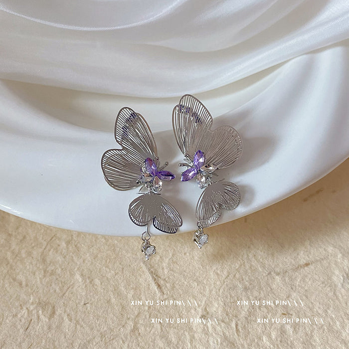 Wholesale Butterfly Elf Dynamic Three Dimensional Retro Hollow Long Zircon Earrings with High Quality Charm Ear Accessories