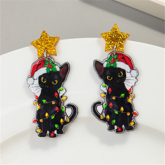 Wholesale Christmas changeable cat earrings acrylic holiday cute Christmas bell black cat earrings