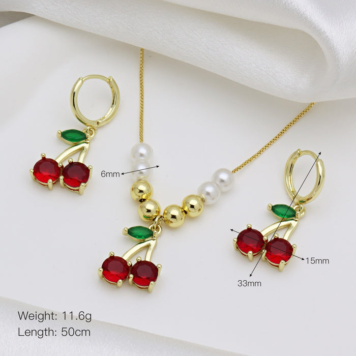 Wholesale Cherry Fruit with Color Zirconium Earrings Necklace Combination suit Copper Beads with Pearl