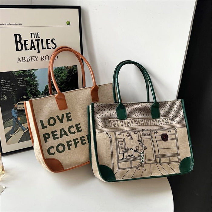 Wholesale Trendy Cartoon Print Cotton Linen Zipper Tote Bag Fashion Accessory Gift