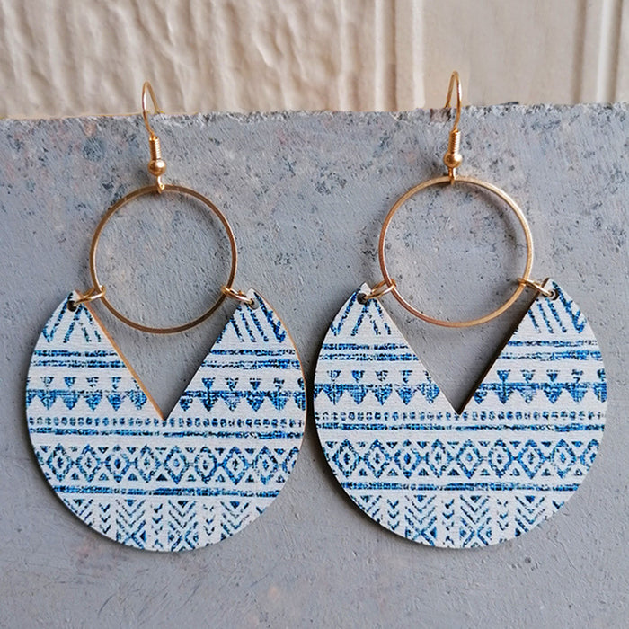 Wholesale 2pcs Blue Dyed Printed Geometric Stripes Stitching Wooden Earrings JDC-ES-HeYi113