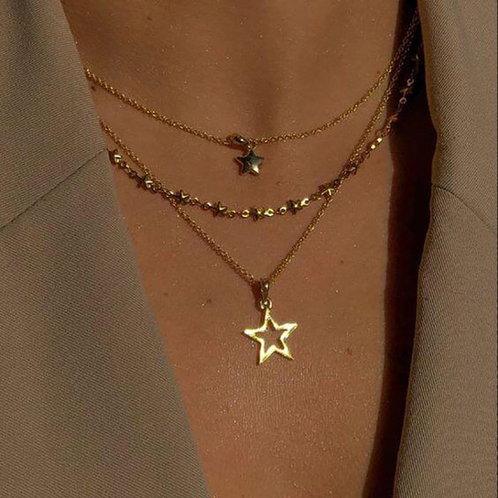 Wholesale hollow five-pointed star pendant necklace  multi-layered clavicle chain for women
