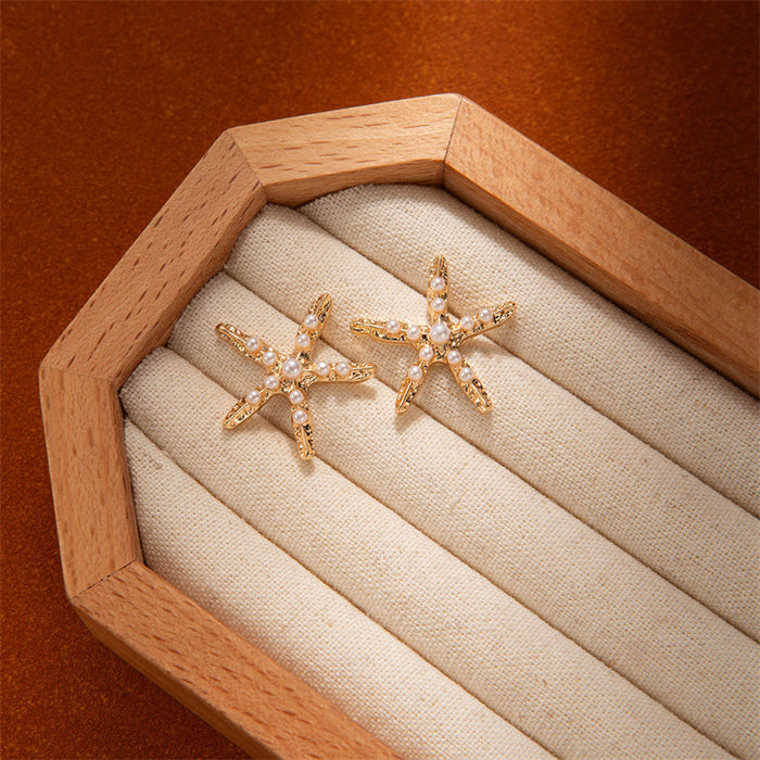 Wholesale Ocean Style Imitation Pearl Starfish Earrings Women's Gravel Asymmetrical Shell
