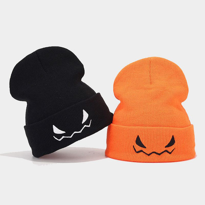 Wholesale Halloween Pumpkin Little Devil Embroidery Orange Wool Knitted Hat JDC-FH-LvYi057