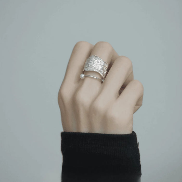 Wholesale Geometric Line Texture Ring Simple Light Luxury Double Layer Niche Silver Plated Open Mouth Food Ring