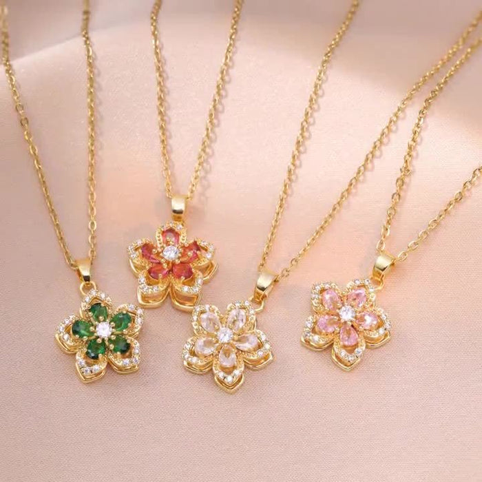 Wholesale Rotatable Zircon Flower Necklace Niche Pendant Elegant Titanium Steel Clavicle Chain