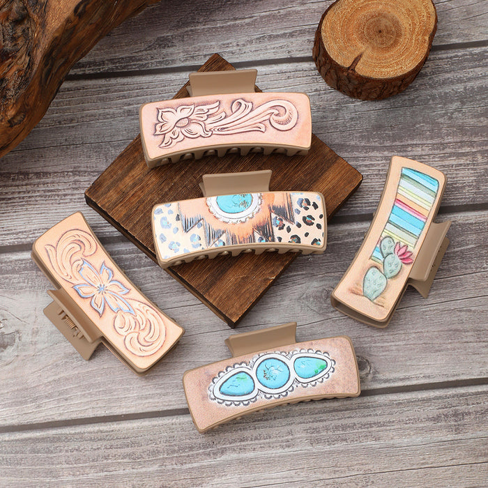 Wholesale West Denim Style Leather Hairpin Cactus Clamp Women Shark Clip
