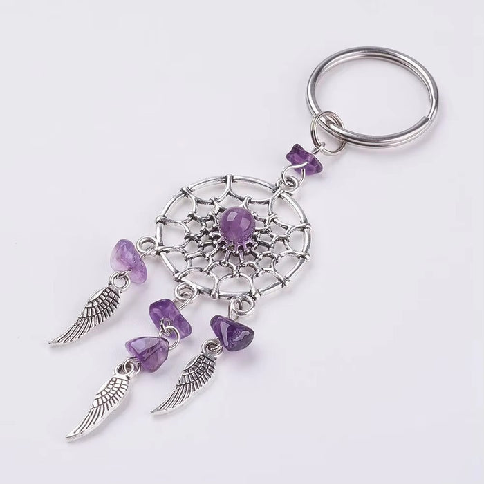 Wholesale Bohemian Dreamcatcher Keychain with Crystal Chips Feather Tassel Green Car Key Accessory