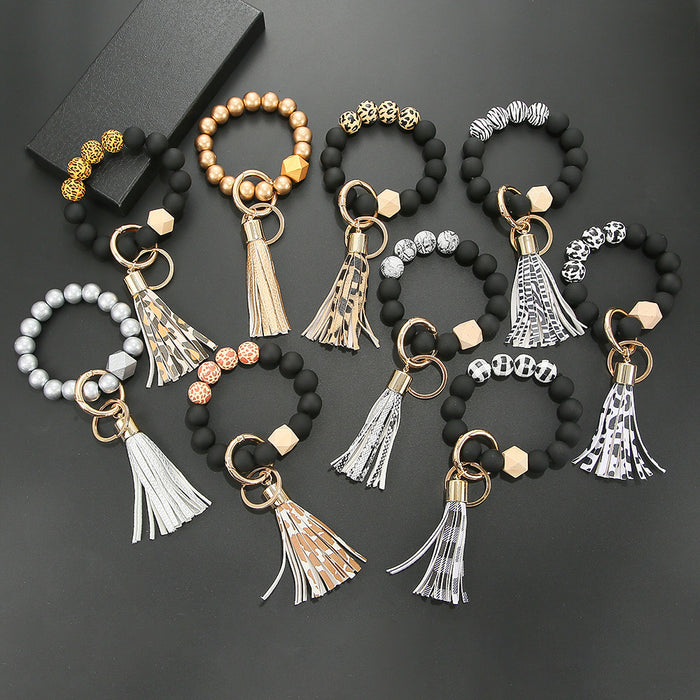 Wholesale Black Frosted Wooden Beads Tassel Pendant Bracelet Keychain JDC-KC-JinY009