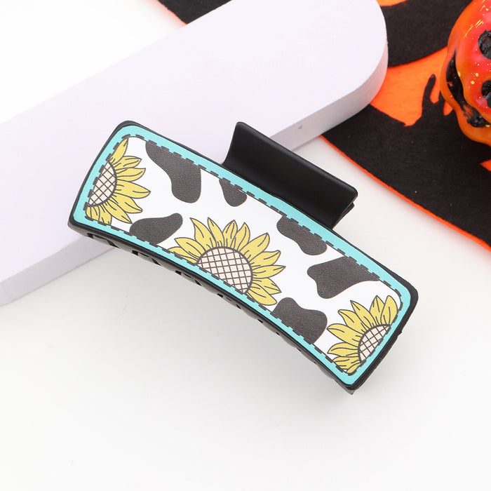 Wholesale Western Cowboy Style Sunflower Cow Pattern Leather Women' s Hairpin Grabber Shark Clip Hair Accessories Clip