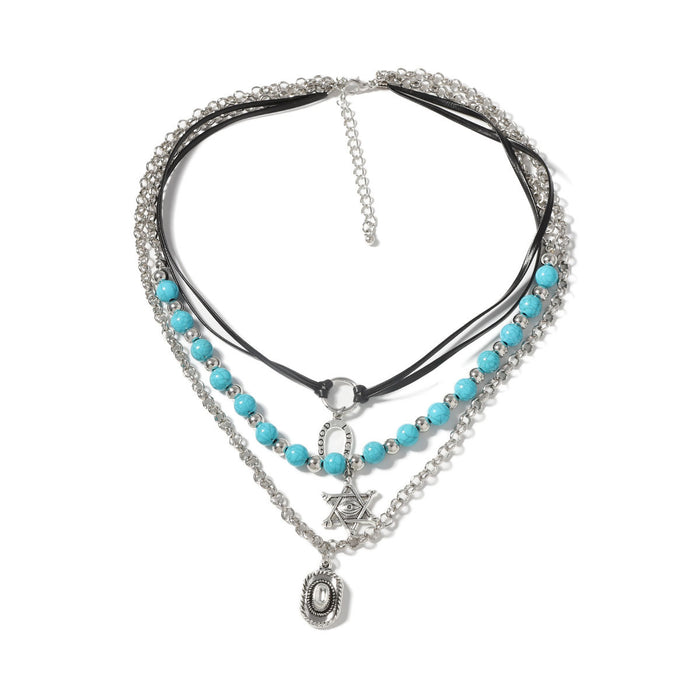 Wholesale Turquoise Beaded Alloy Pendant Multi-layer Necklace Bracelet suit
