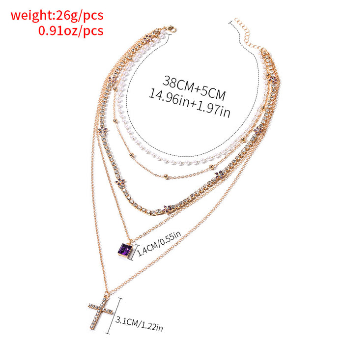 Wholesale Exaggerated jewelry with diamond studded cross necklace, personalized layered square diamond pendant, full diamond star necklace