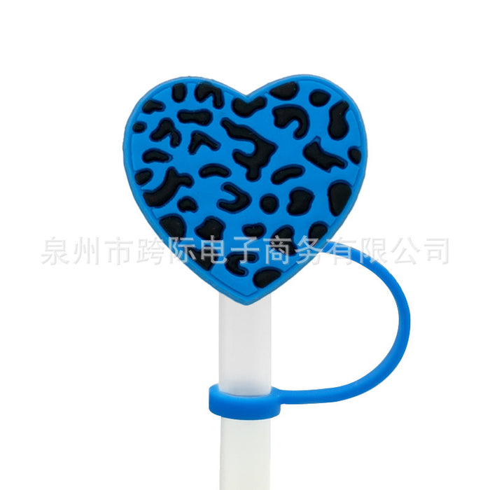 Wholesale New Love Leopard Pattern Straw Cover Straw Cap Silicone Dustproof Stopper Cute Anime Party Straw Decoration Cross border Product